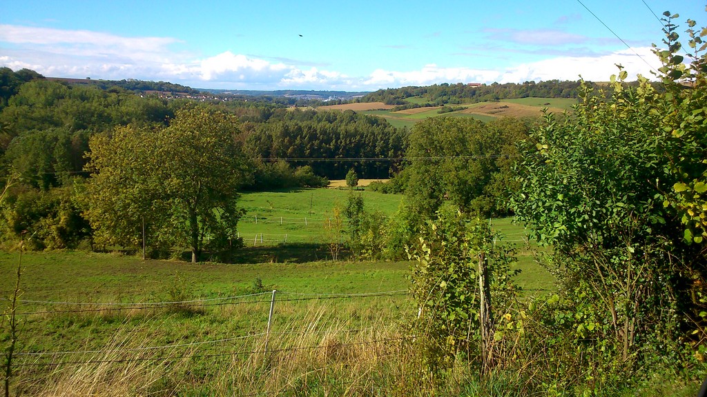 Dans le fond du paysage, l'usine de cartonnage, près de Soissons.